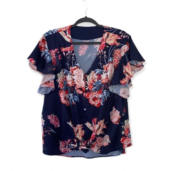 Blue Amaryllis Tie Front Blouse Women’s Plus Size 2X Flutter Cap Sleeves Button - Picture 1 of 8